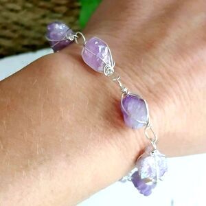Aura Amethyst Crystal Bracelet, Wire Wrapped, 8" Boho Statement